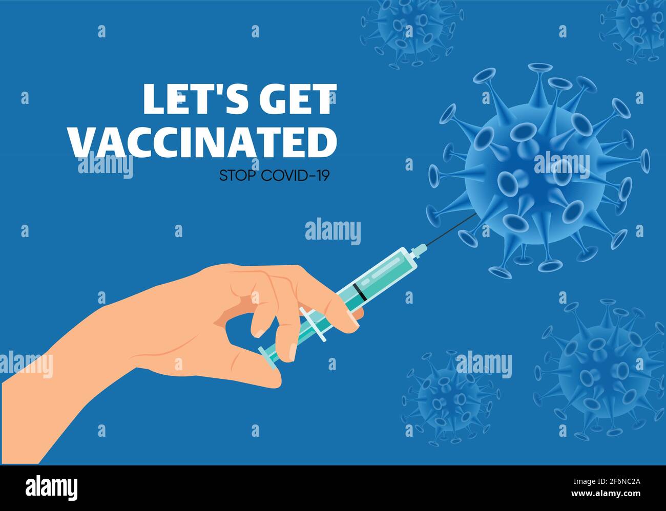 Covid-19 Vacctination Poster. Doctor`s hand holding syringe with vaccine. Vector illustration. Let's get vaccinated. Let's Stop Covid-19. Promotion. Stock Vector